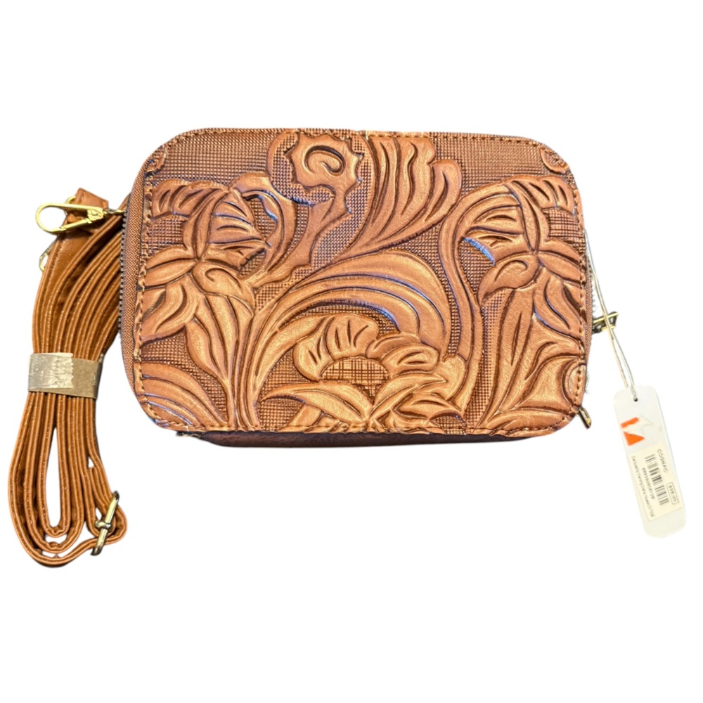 Embossed Floral Leather Crossbody Bag in Brown
